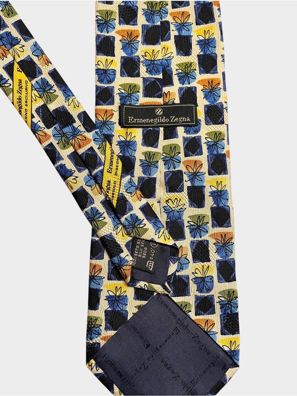 ERMENEGILDO ZEGNA Floral Geometric Silk Tie Multicolor Designer Blocks - Picture 5 of 6